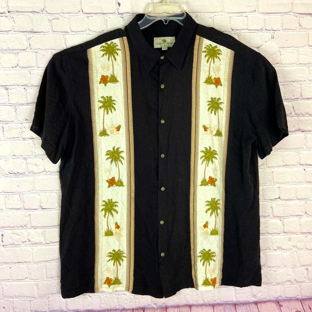 ISLAN SHORES Men's Hawaiian Black/White Palms Button Down Short Sleeve Sz: 2XL